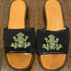 Stubbs & Wootton sandals with frog needlepoint.  Size 5.5.  Very lightly worn.